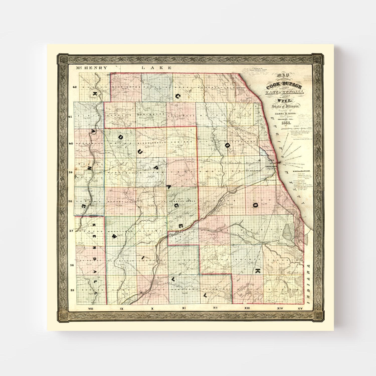 Vintage Map of Kane County, Illinois 1851