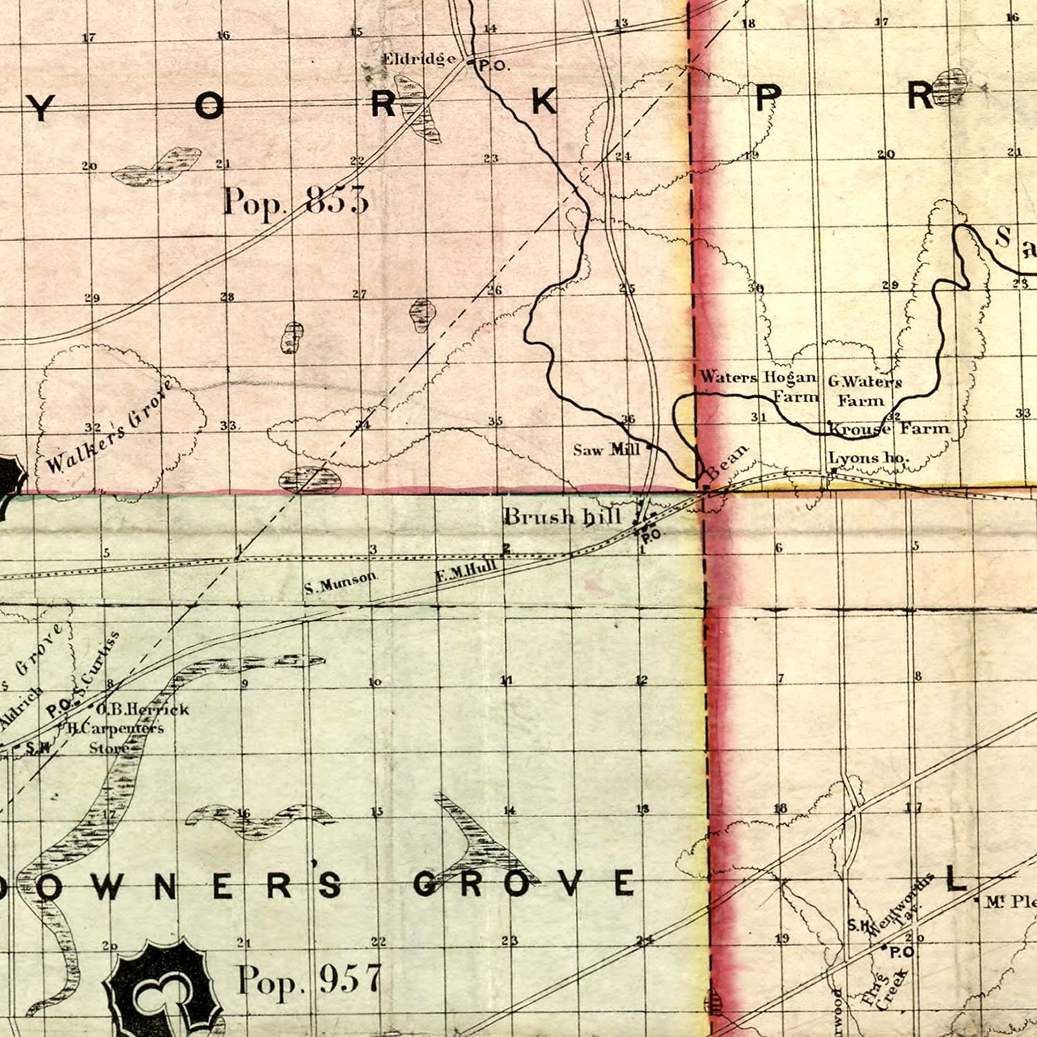 Vintage Map of Kane County, Illinois 1851