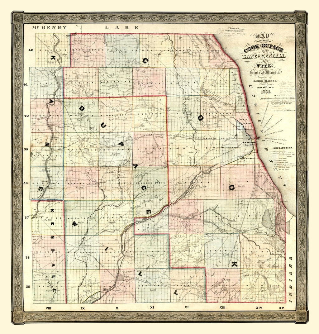 Vintage Map of Kane County, Illinois 1851
