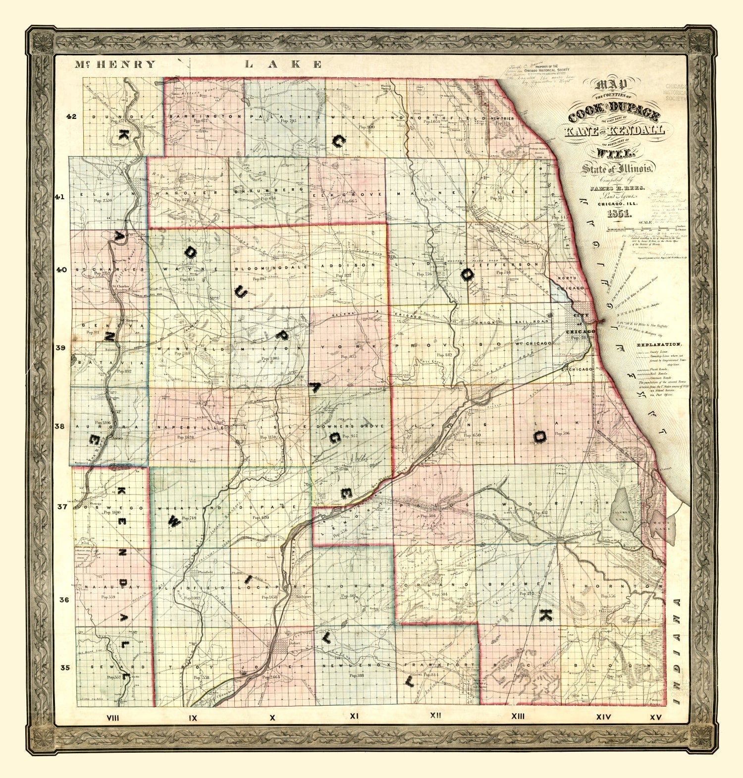 Vintage Map of Kane County, Illinois 1851