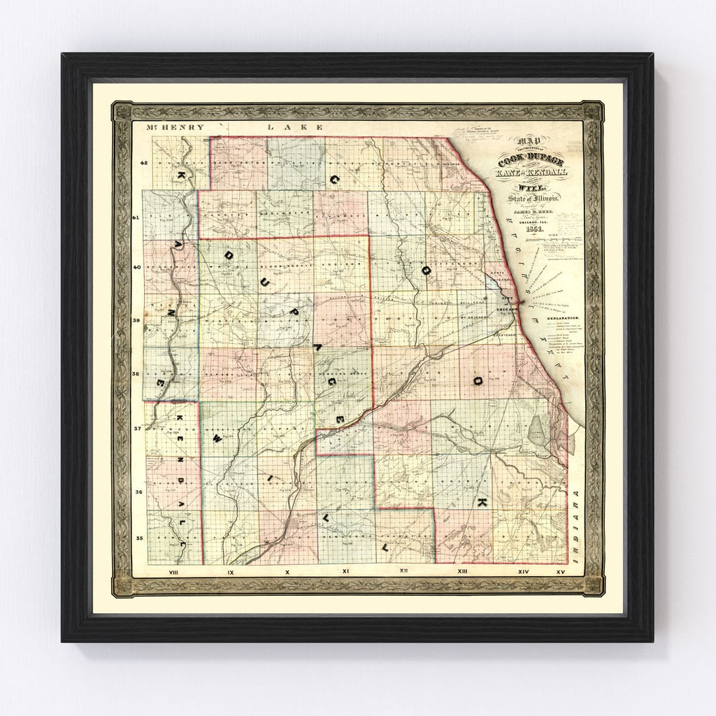 Vintage Map of Kane County, Illinois 1851