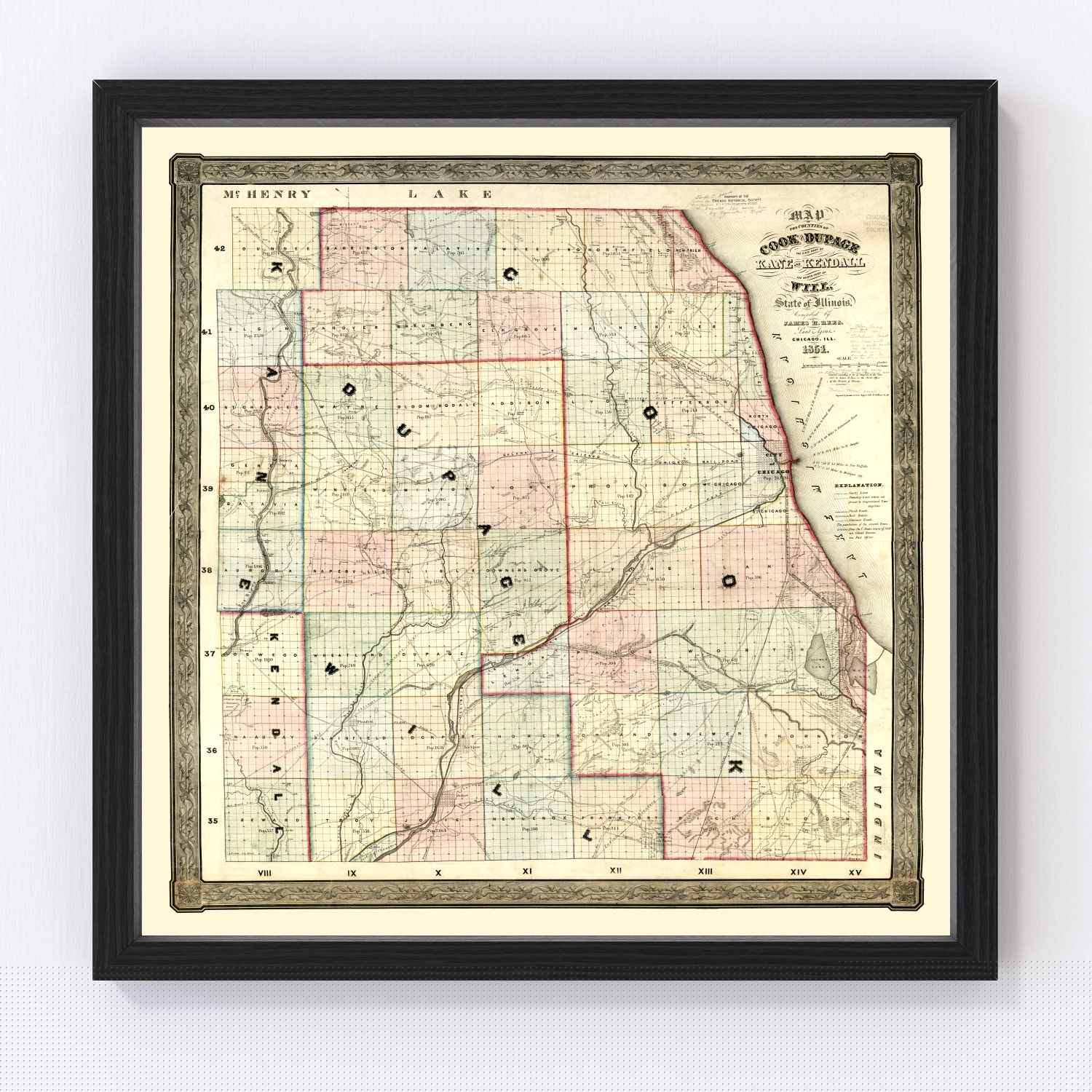 Vintage Map of Kane County, Illinois 1851