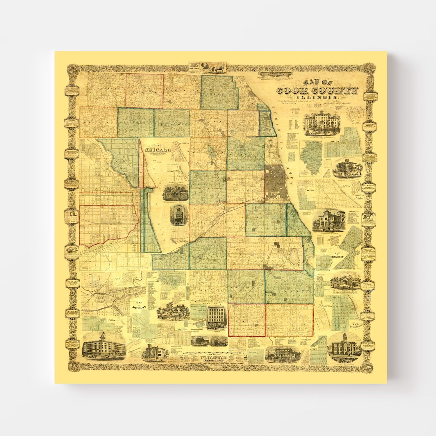 Vintage Map of Cook County, Illinois 1861