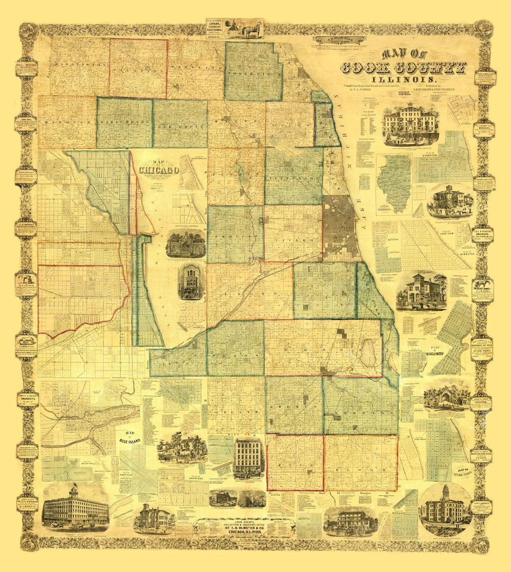 Vintage Map of Cook County, Illinois 1861