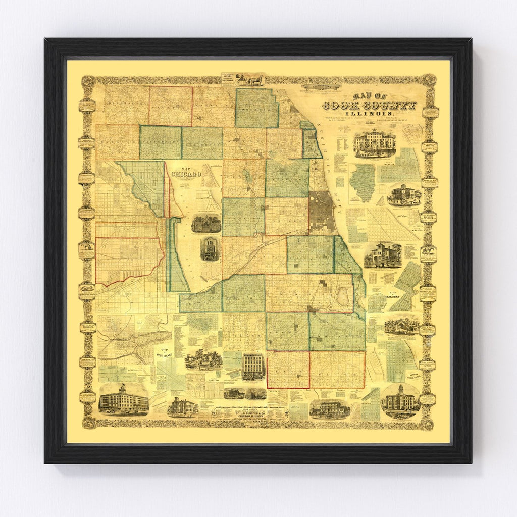 Vintage Map of Cook County, Illinois 1861