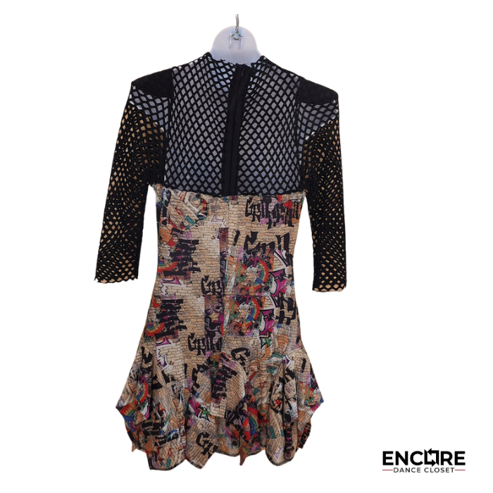 Graffiti-Print Lycra Dress with Fishnet Accent