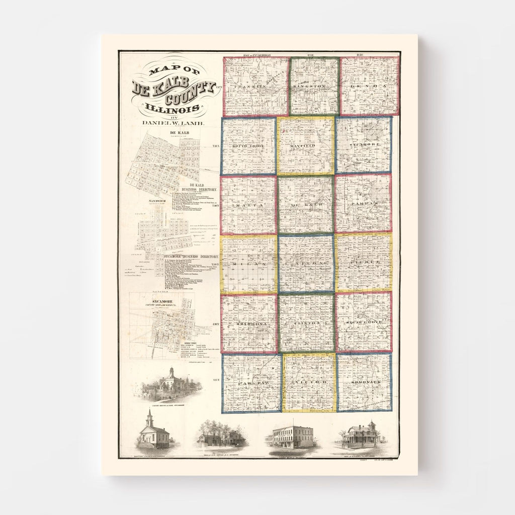Vintage Map of De Kalb County, Illinois 1860