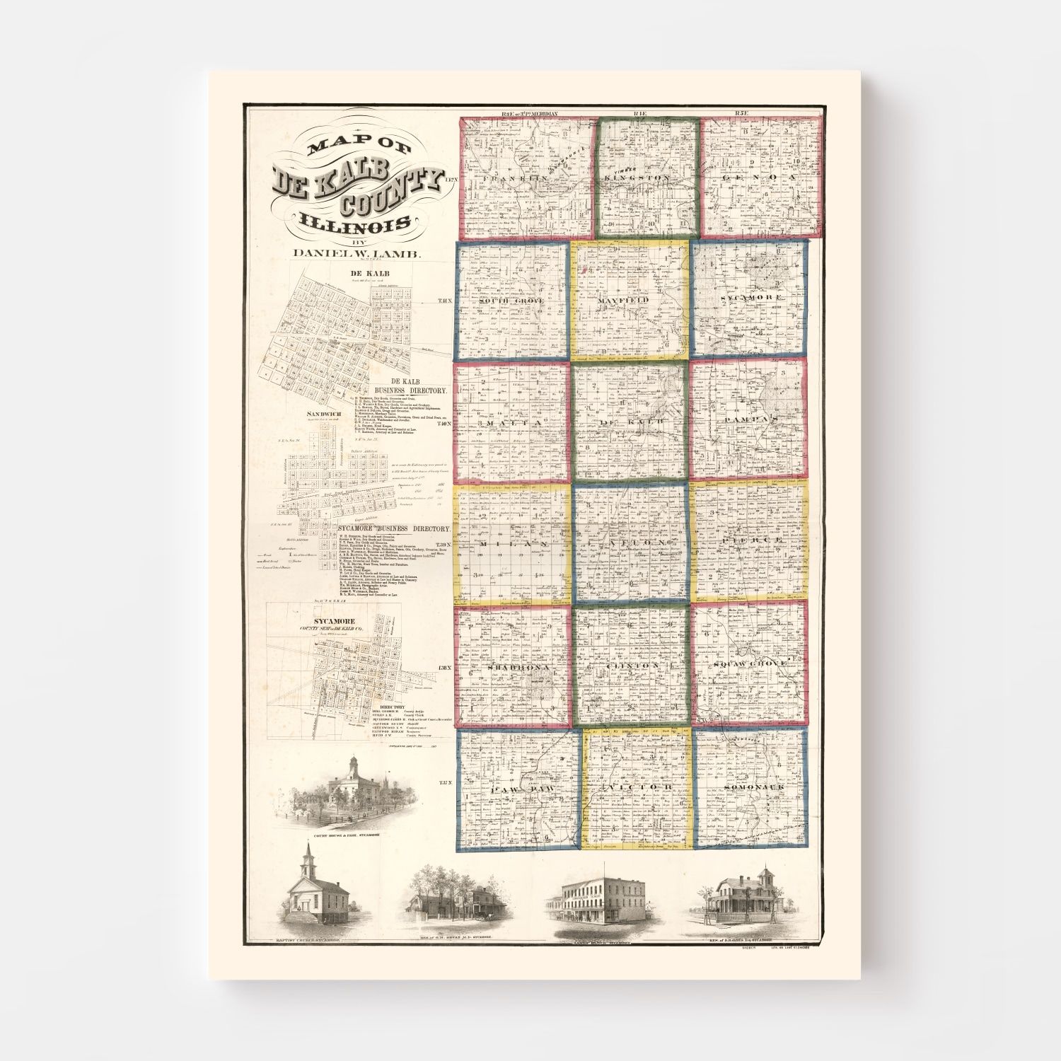 Vintage Map of De Kalb County, Illinois 1860