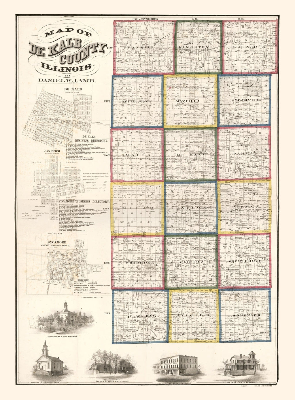 Vintage Map of De Kalb County, Illinois 1860