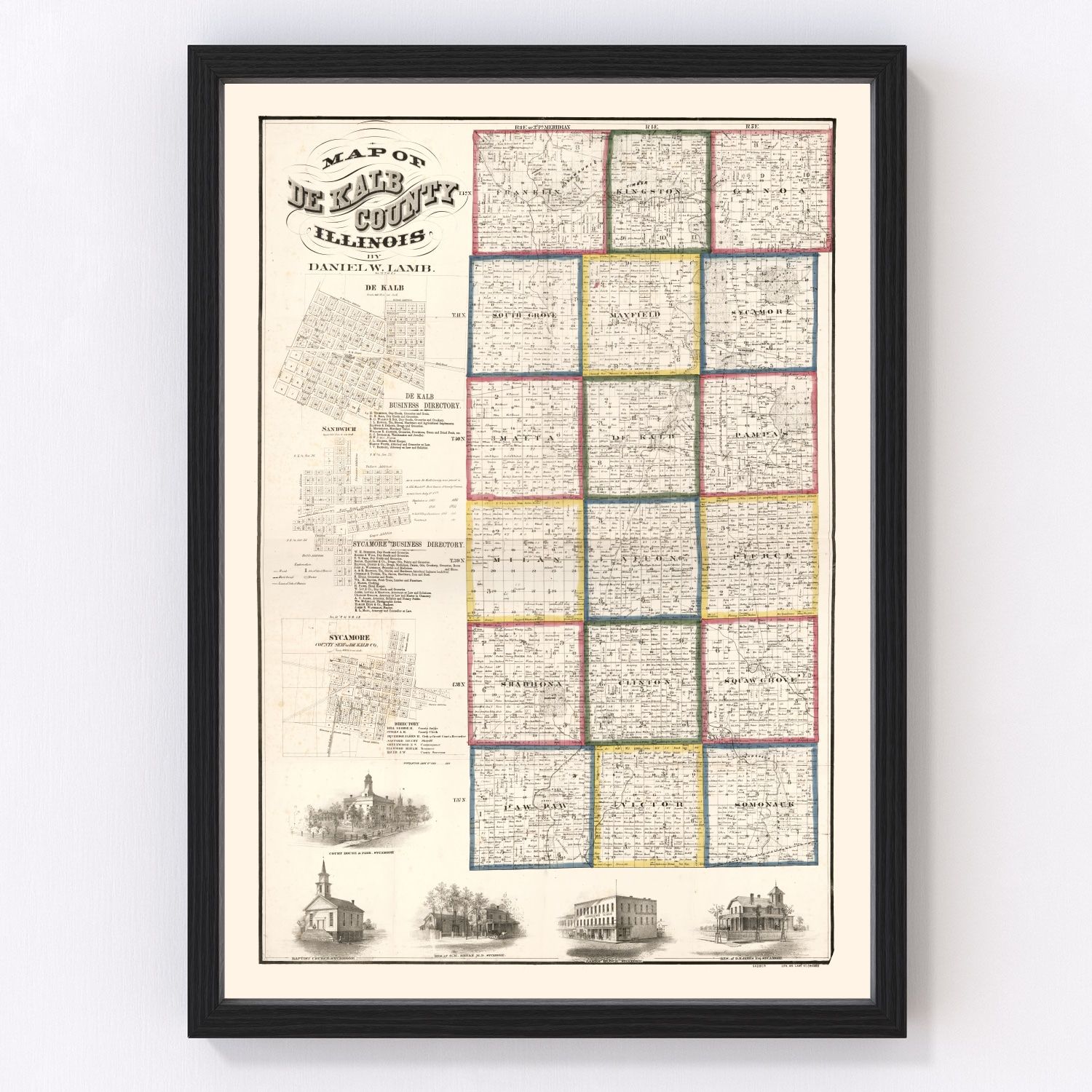 Vintage Map of De Kalb County, Illinois 1860