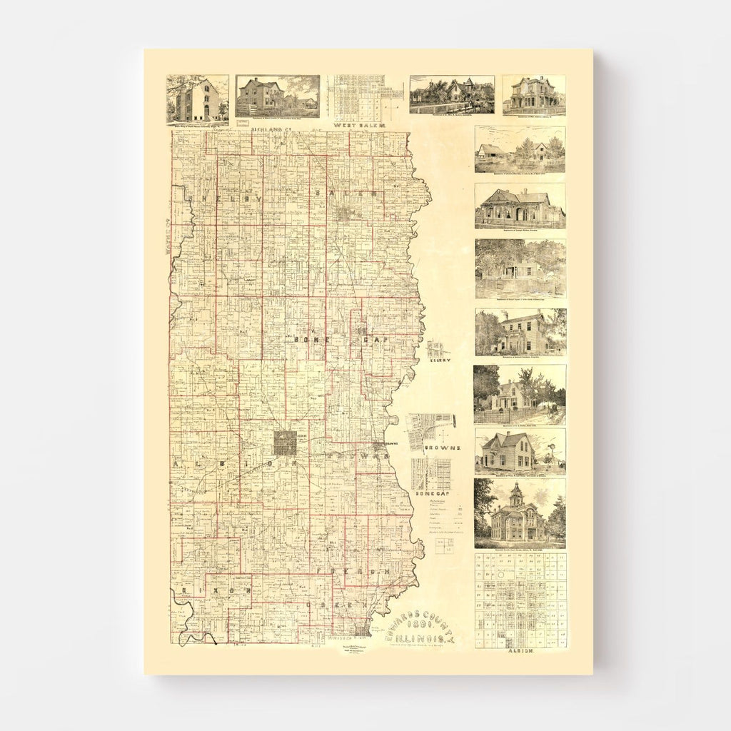 Vintage Map of Edwards County, Illinois 1891