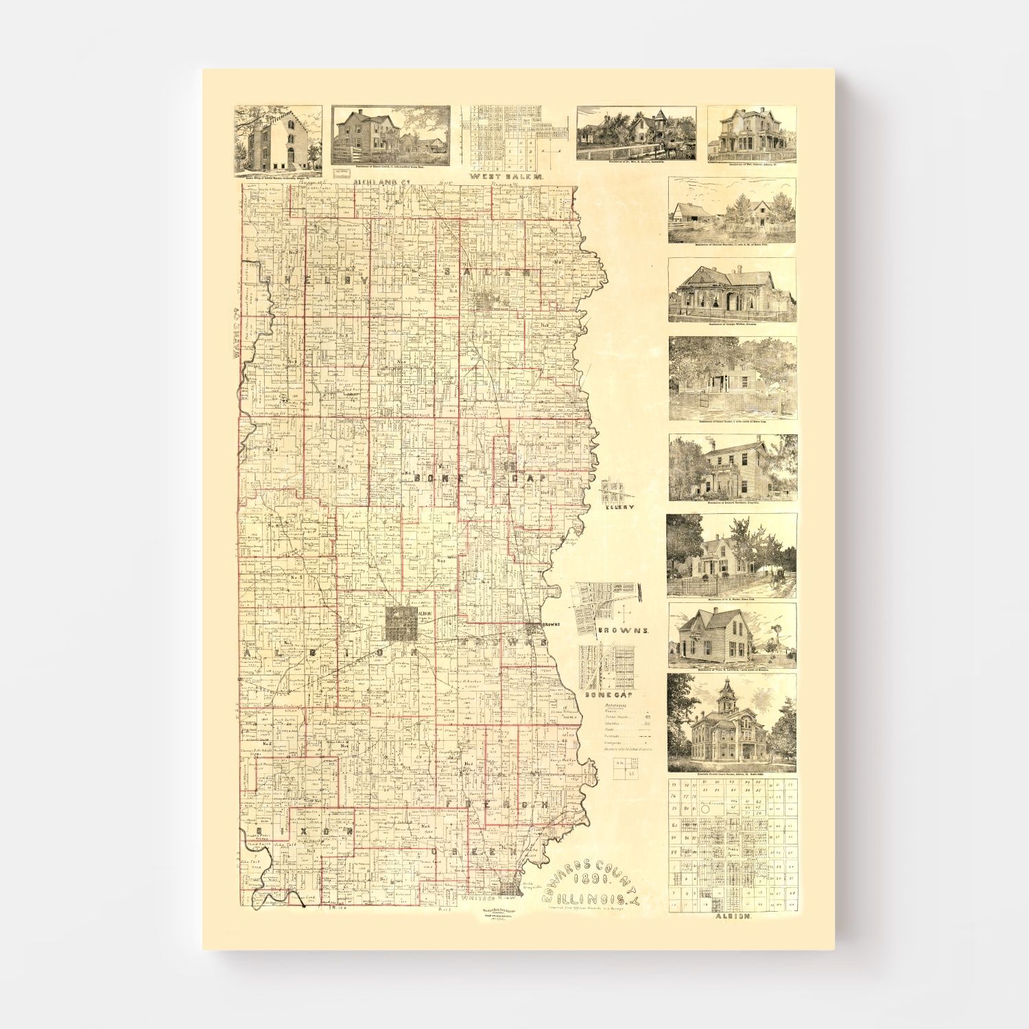 Vintage Map of Edwards County, Illinois 1891