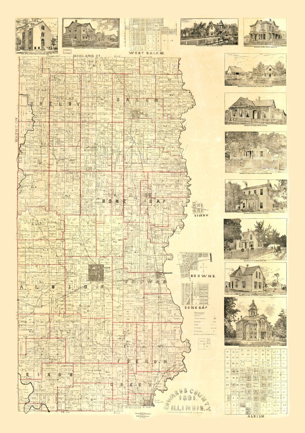 Vintage Map of Edwards County, Illinois 1891