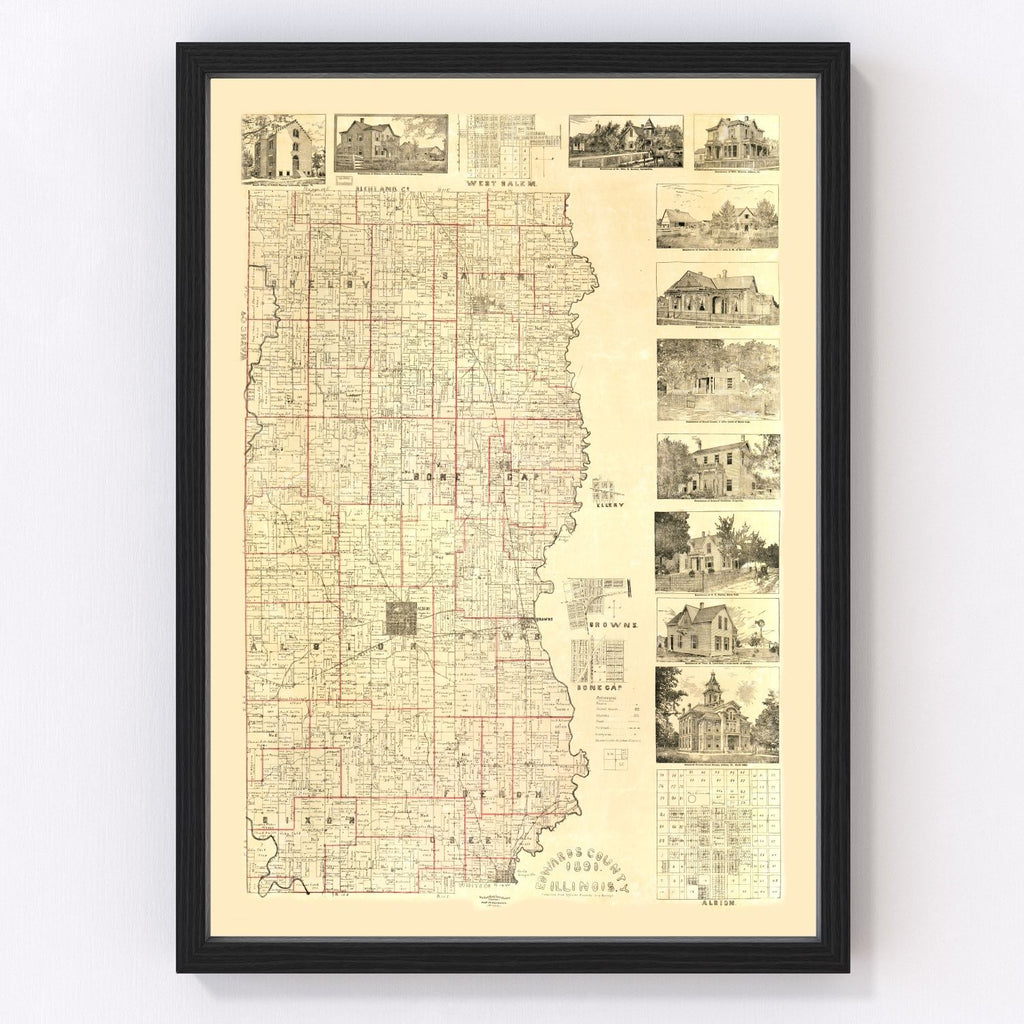 Vintage Map of Edwards County, Illinois 1891