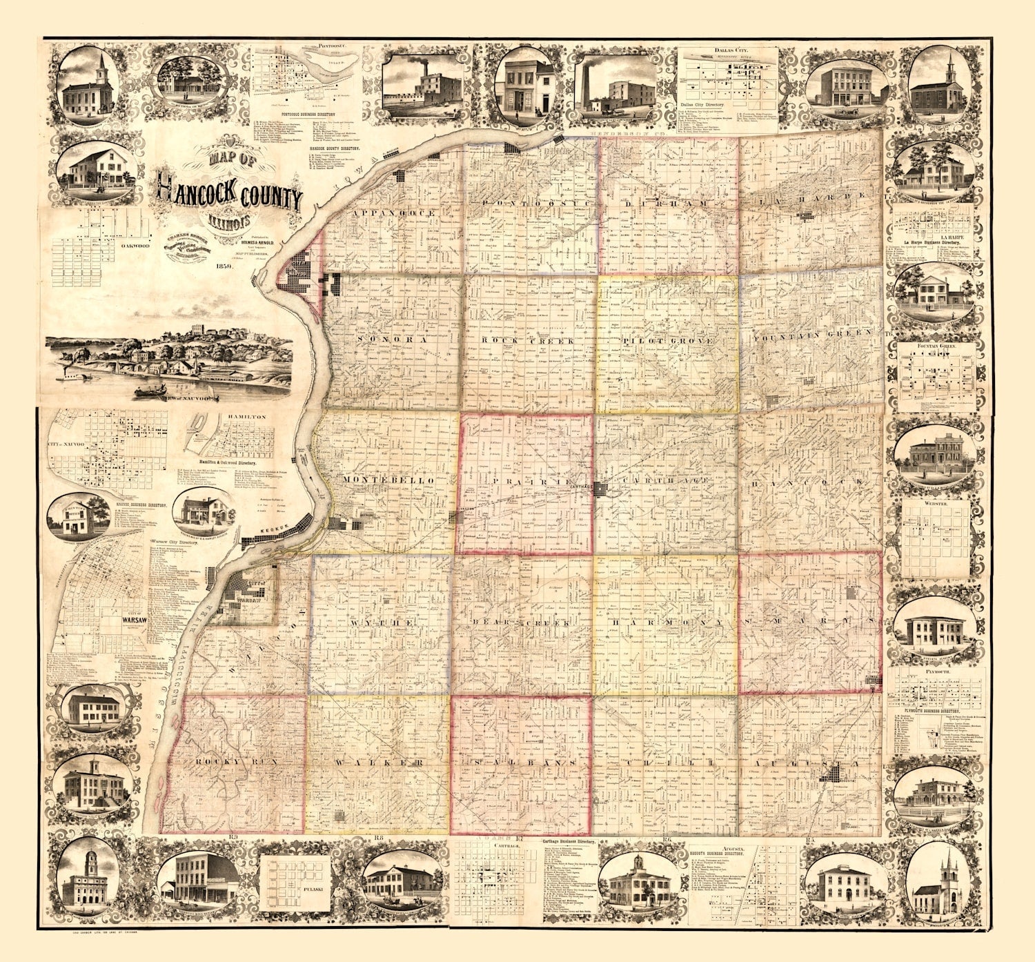 Vintage Map of Hancock County, Illinois 1859