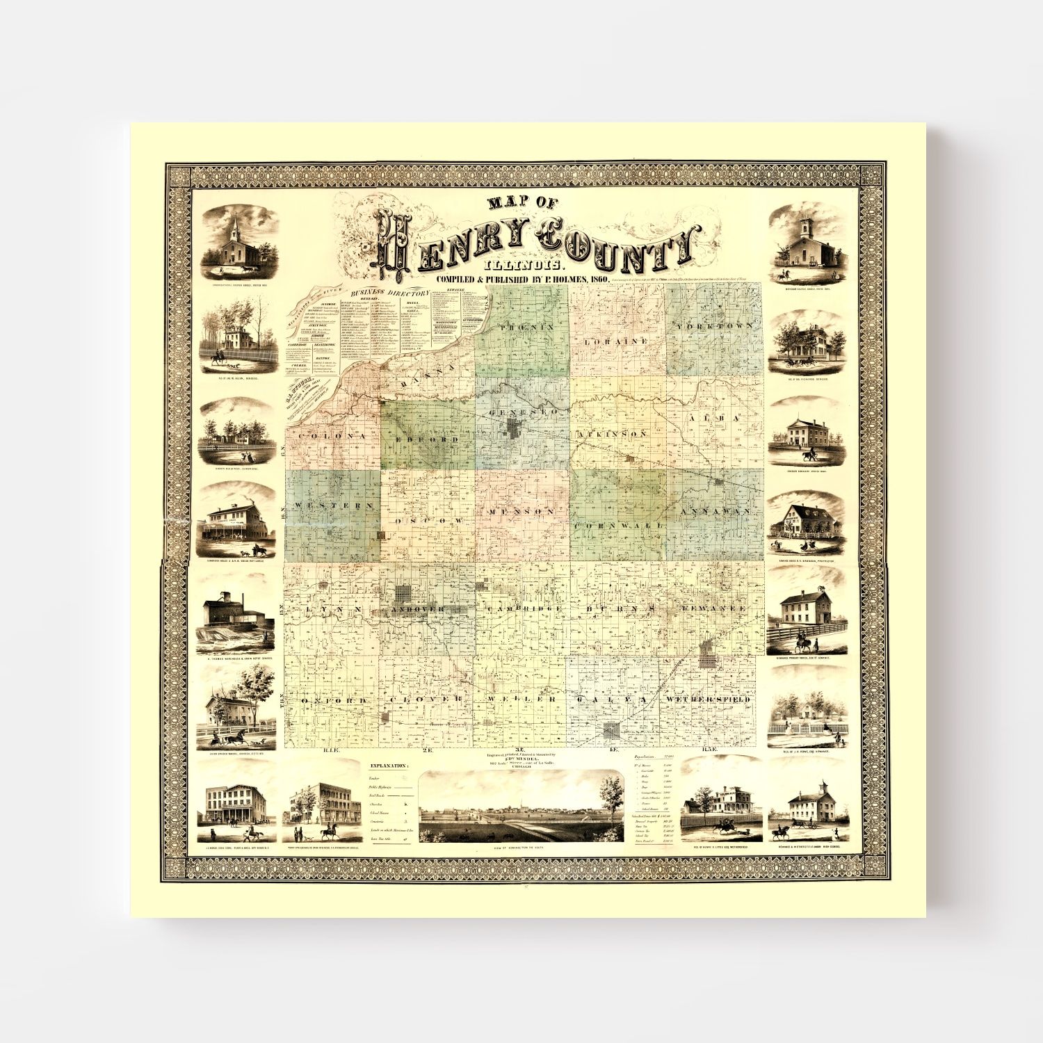 Vintage Map of Henry County, Illinois 1860