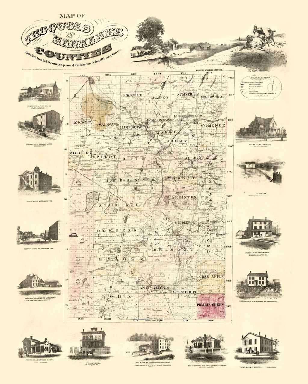 Vintage Map of Iroquois County, Illinois 1860
