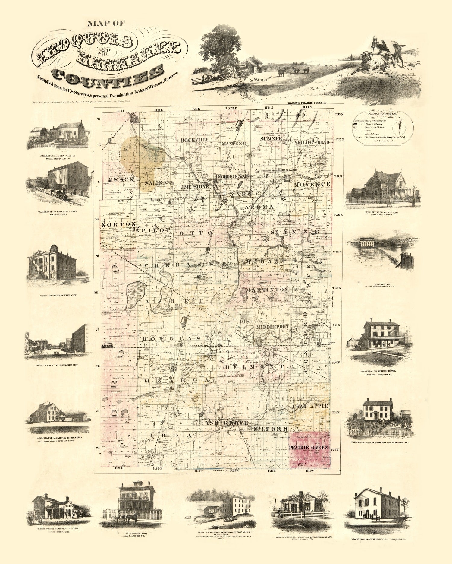 Vintage Map of Iroquois County, Illinois 1860