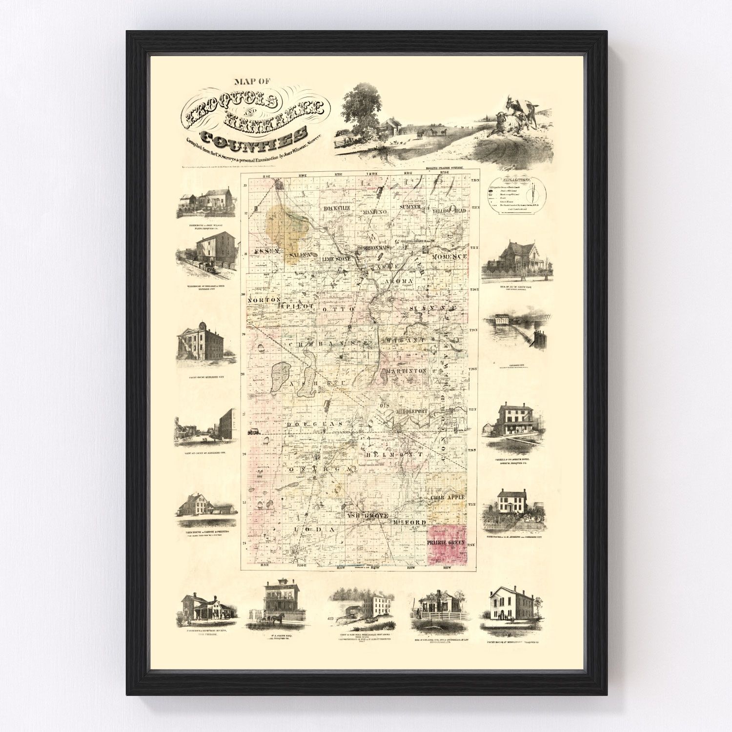 Vintage Map of Iroquois County, Illinois 1860