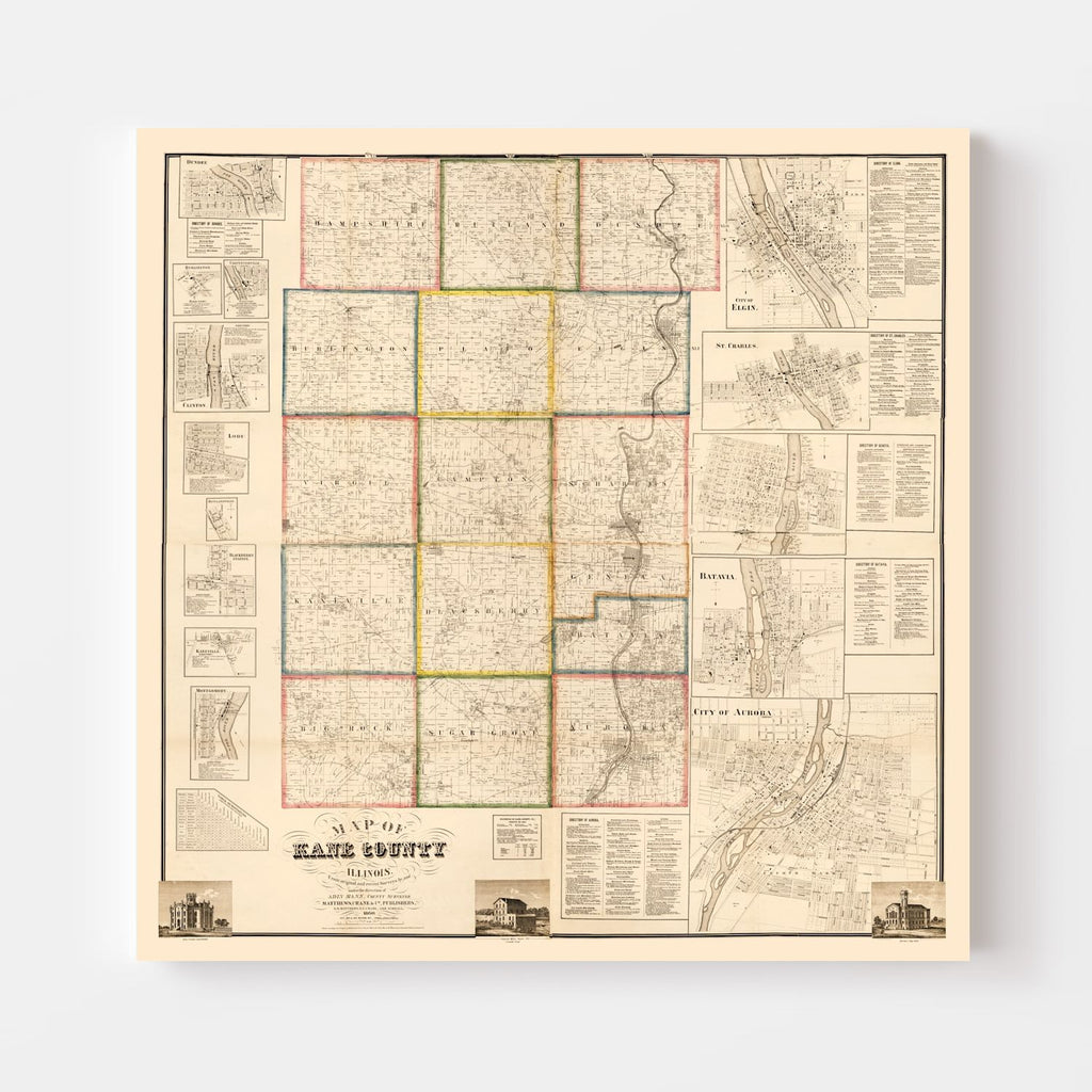 Vintage Map of Kane County, Illinois 1860