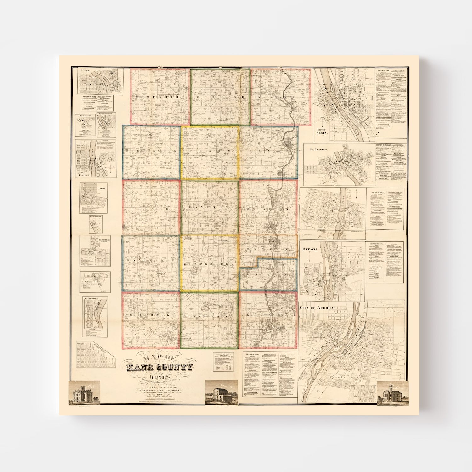 Vintage Map of Kane County, Illinois 1860