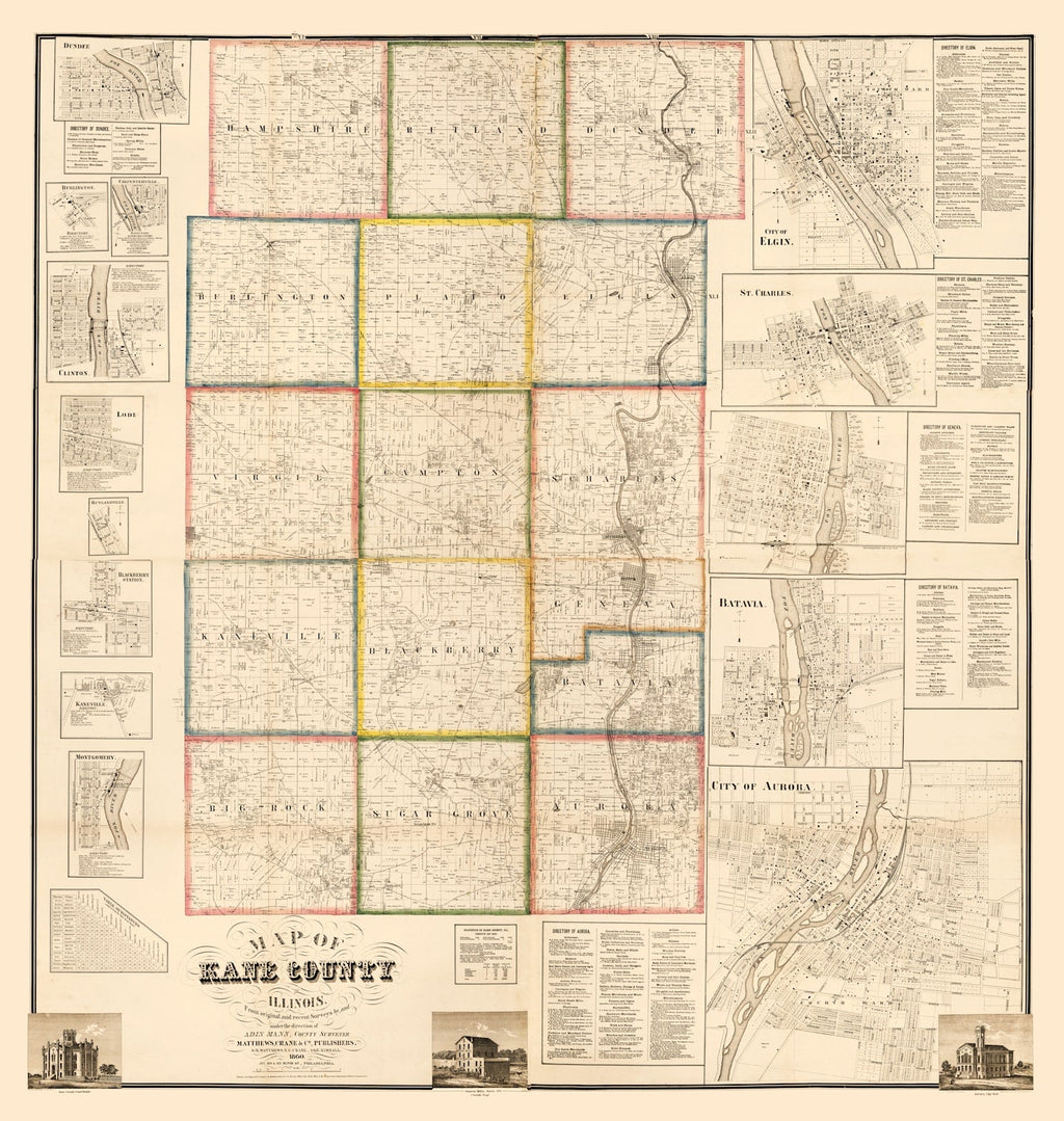 Vintage Map of Kane County, Illinois 1860