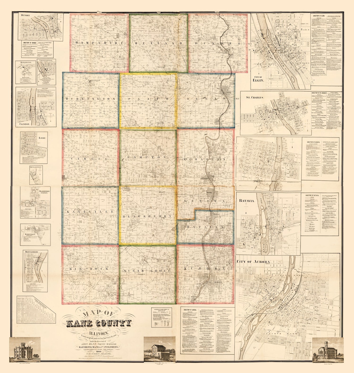 Vintage Map of Kane County, Illinois 1860