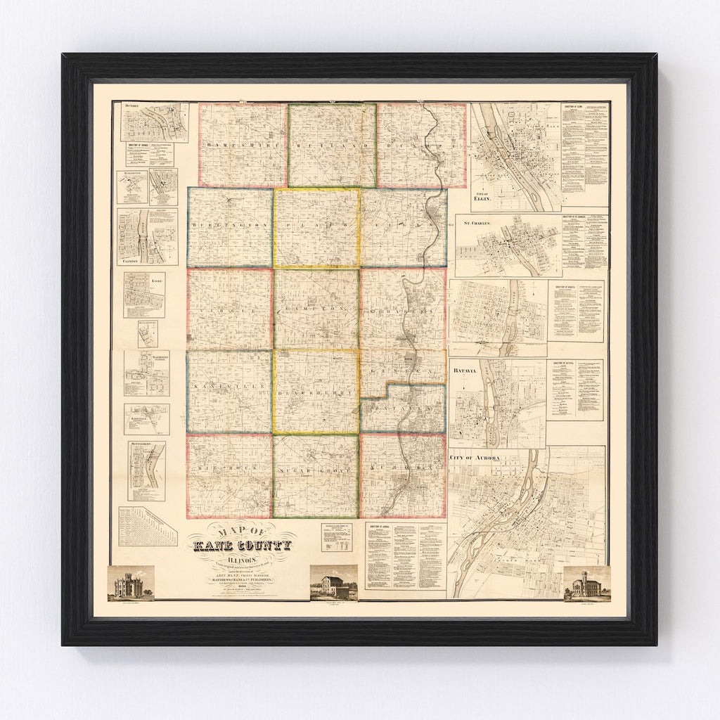 Vintage Map of Kane County, Illinois 1860