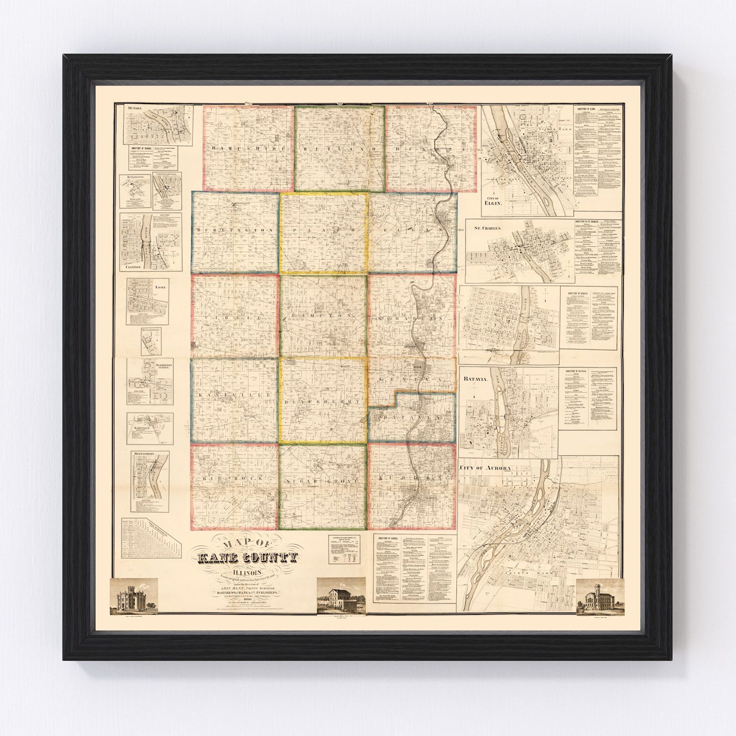 Vintage Map of Kane County, Illinois 1860