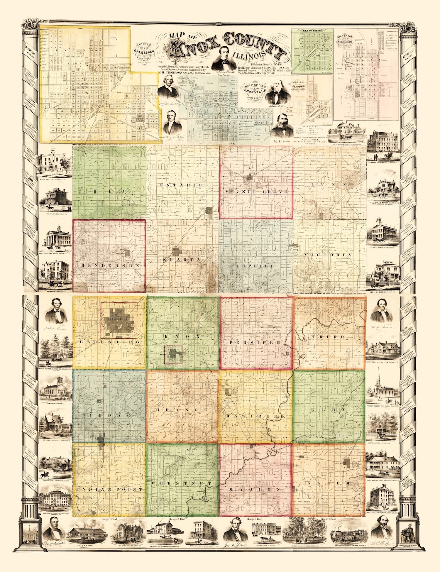 Vintage Map of Knox County, Illinois 1861