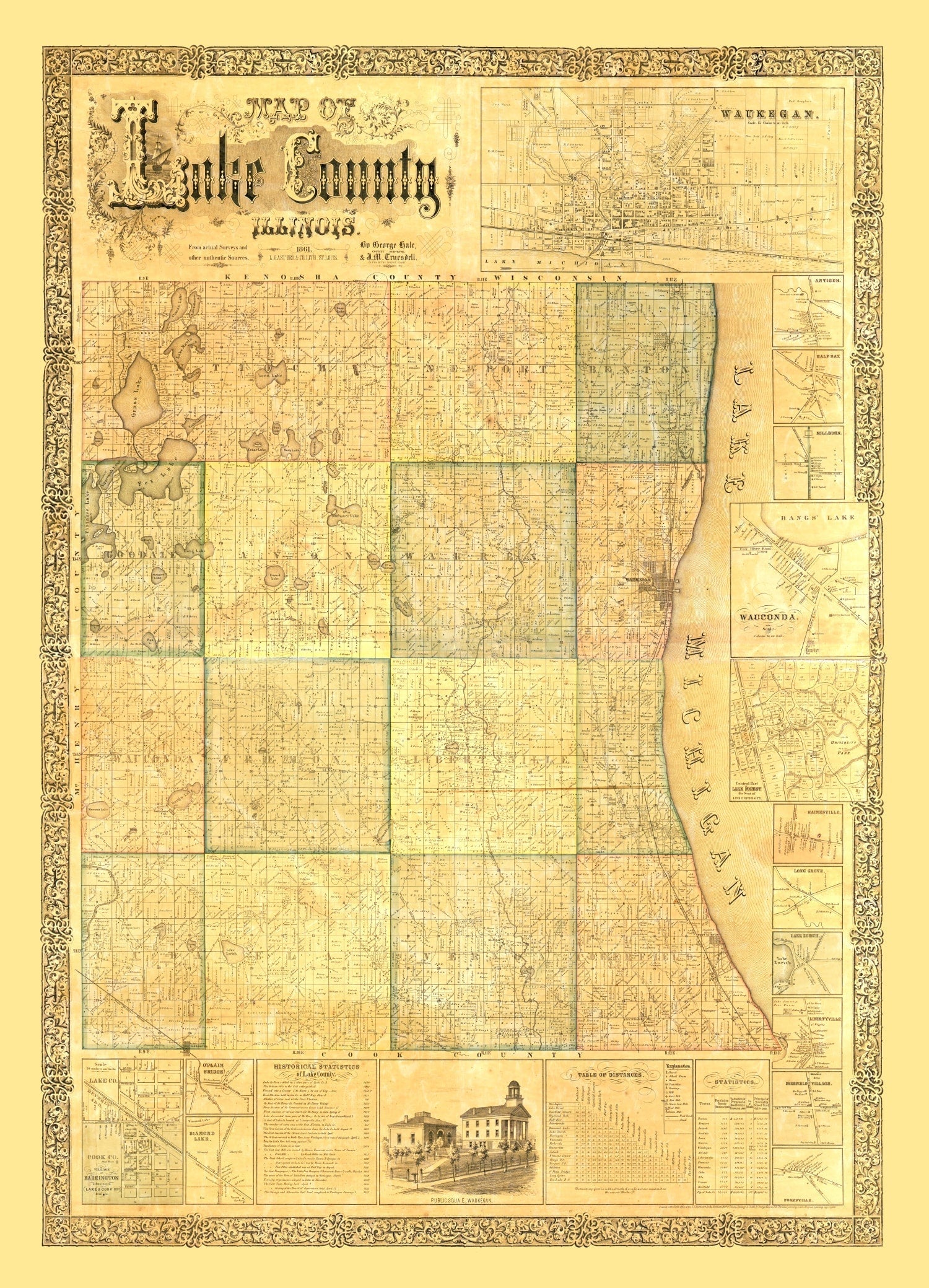Vintage Map of Lake County, Illinois 1861