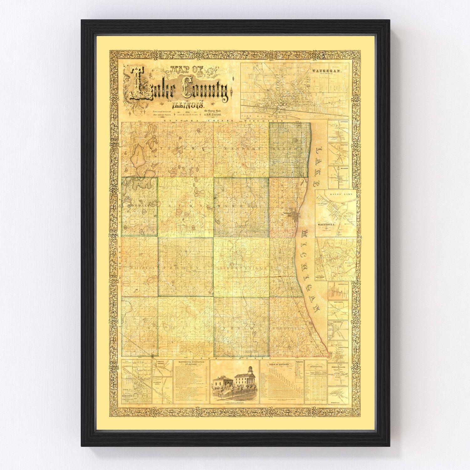 Vintage Map of Lake County, Illinois 1861