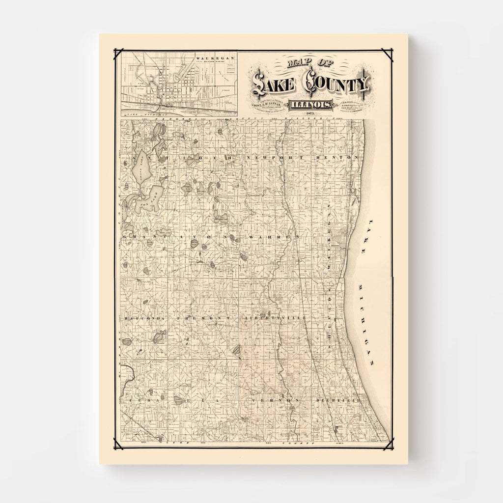 Vintage Map of Lake County, Illinois 1873