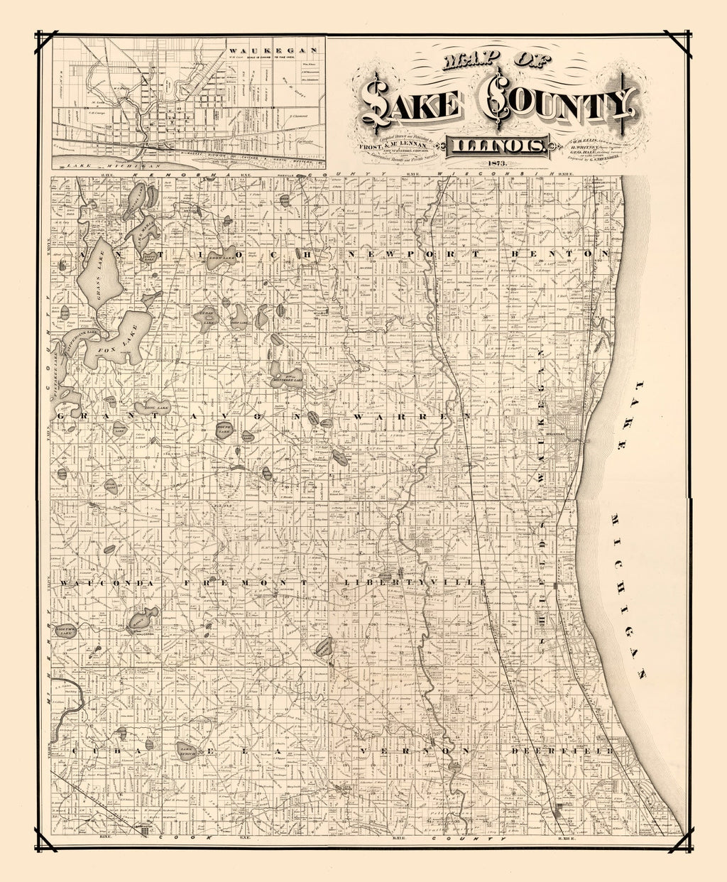 Vintage Map of Lake County, Illinois 1873