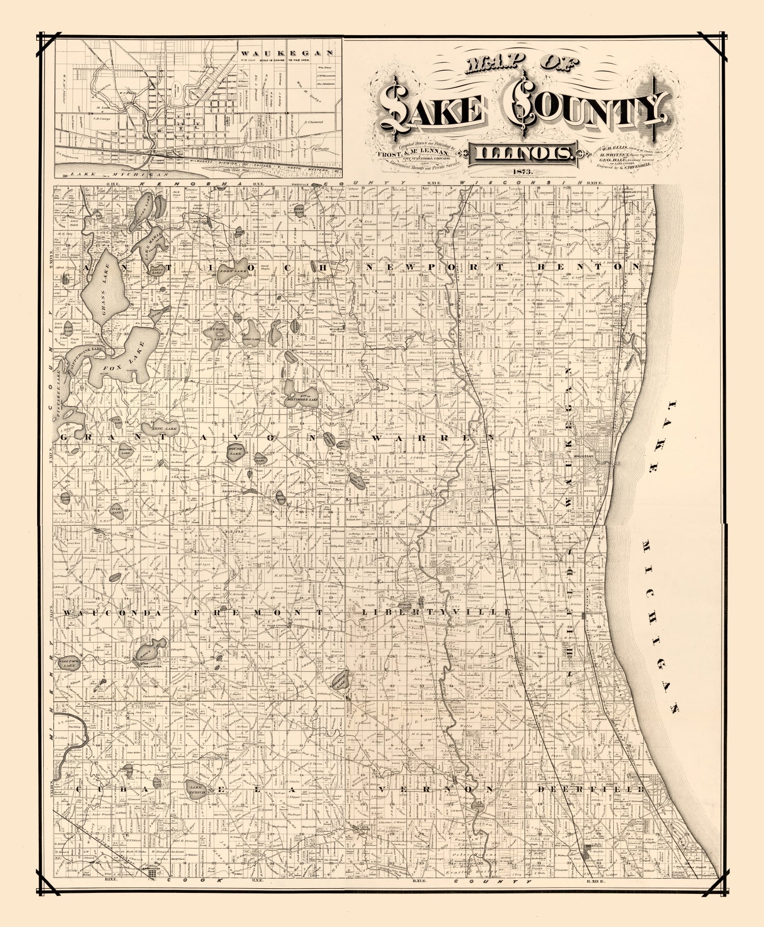 Vintage Map of Lake County, Illinois 1873