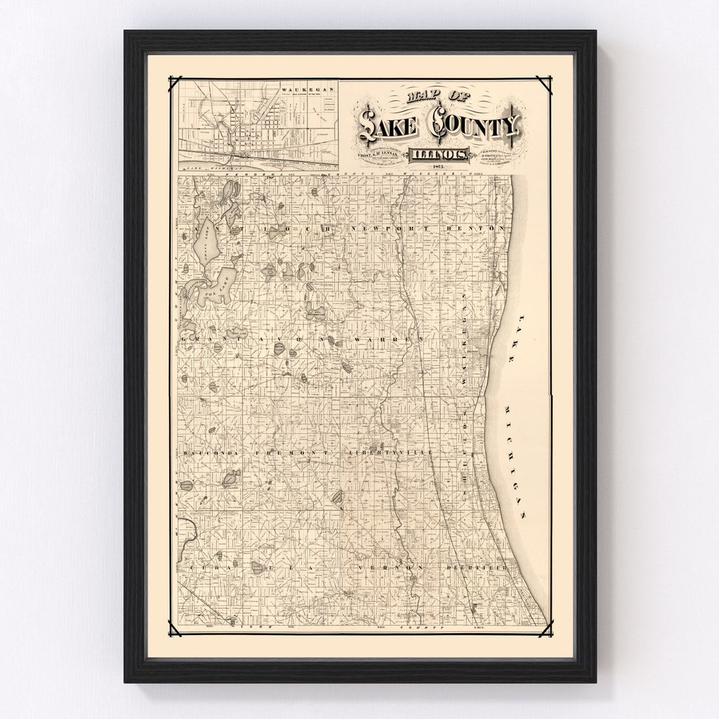 Vintage Map of Lake County, Illinois 1873