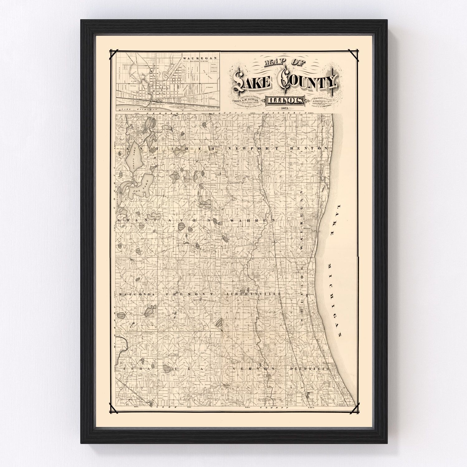 Vintage Map of Lake County, Illinois 1873