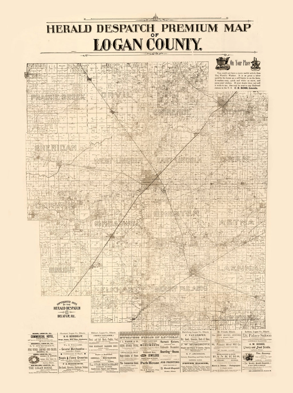 Vintage Map of Logan County, Illinois 1893