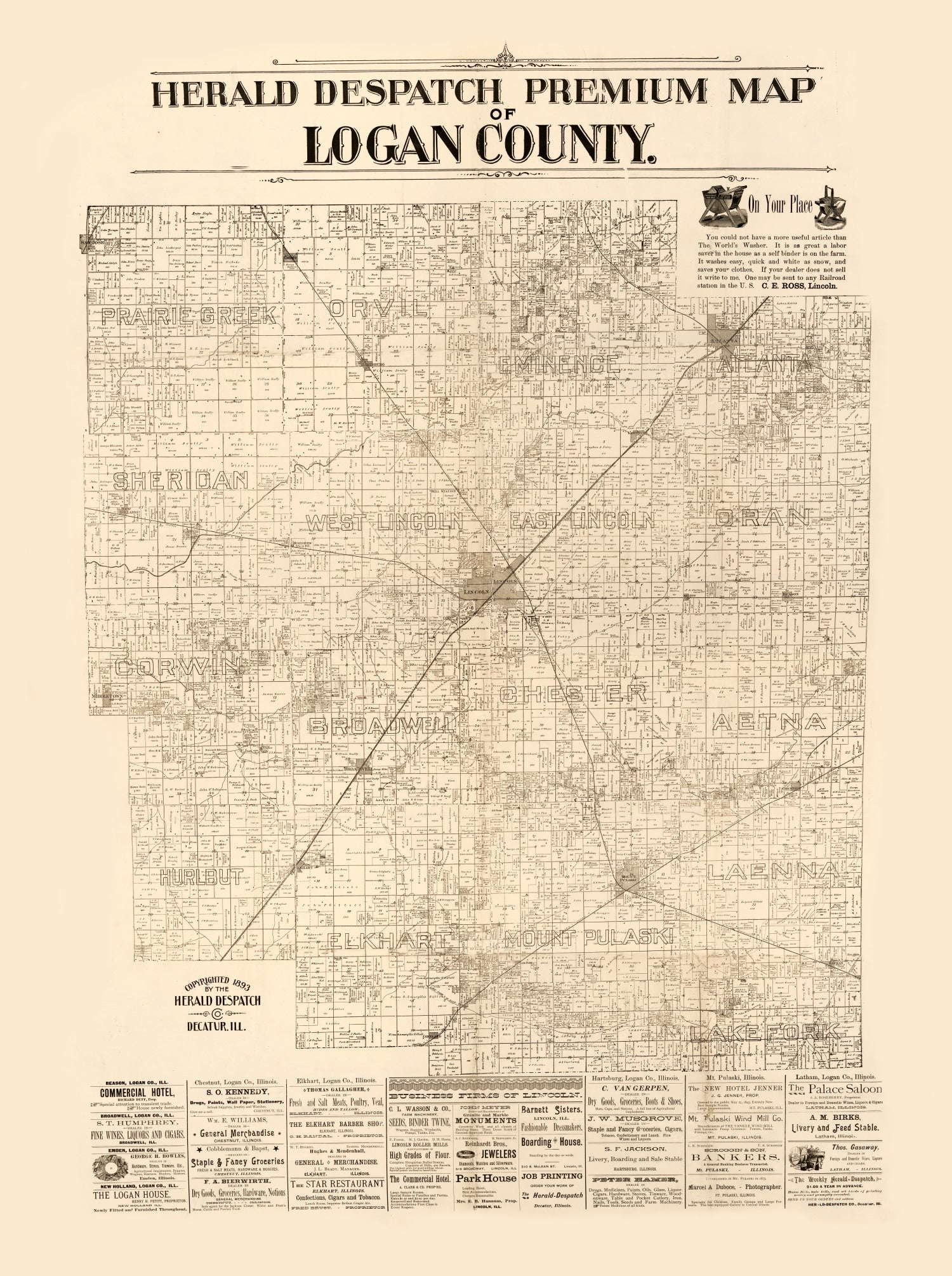 Vintage Map of Logan County, Illinois 1893