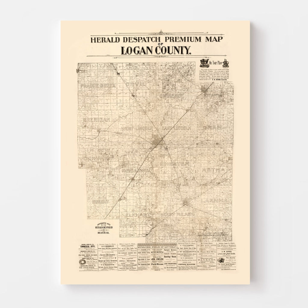 Vintage Map of Logan County, Illinois 1893