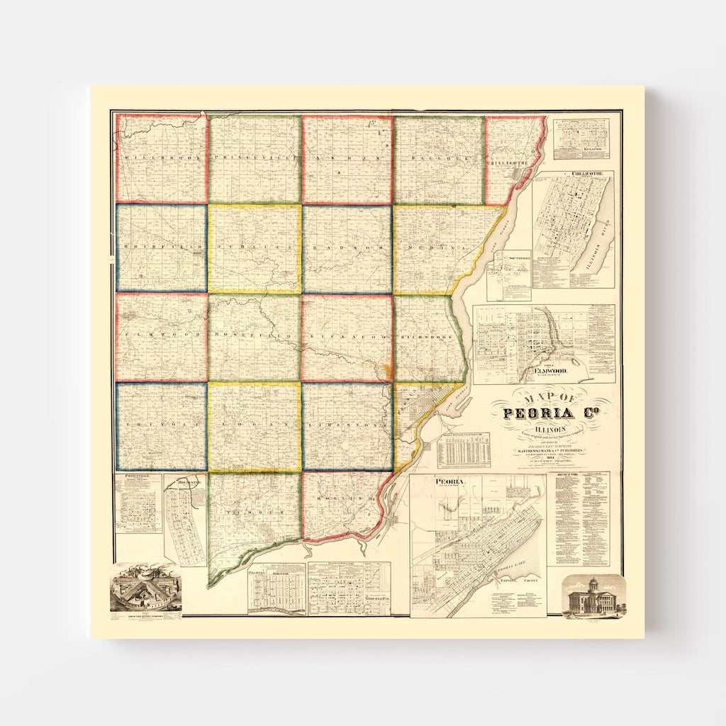 Vintage Map of Peoria County, Illinois 1861