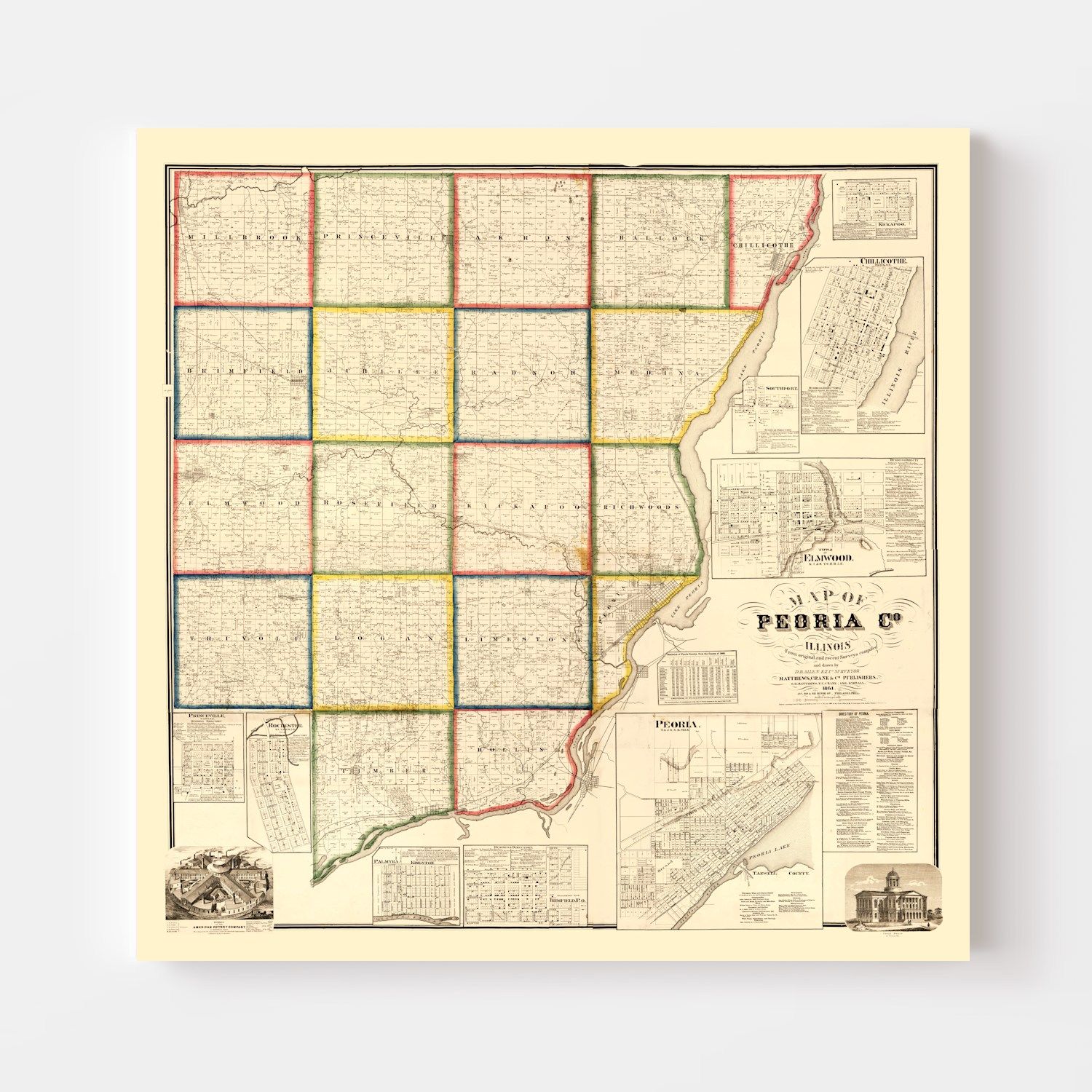 Vintage Map of Peoria County, Illinois 1861