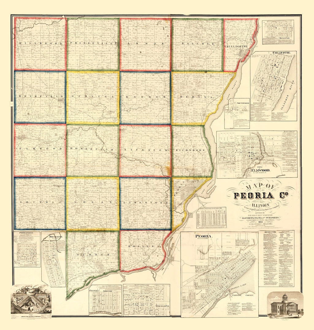 Vintage Map of Peoria County, Illinois 1861