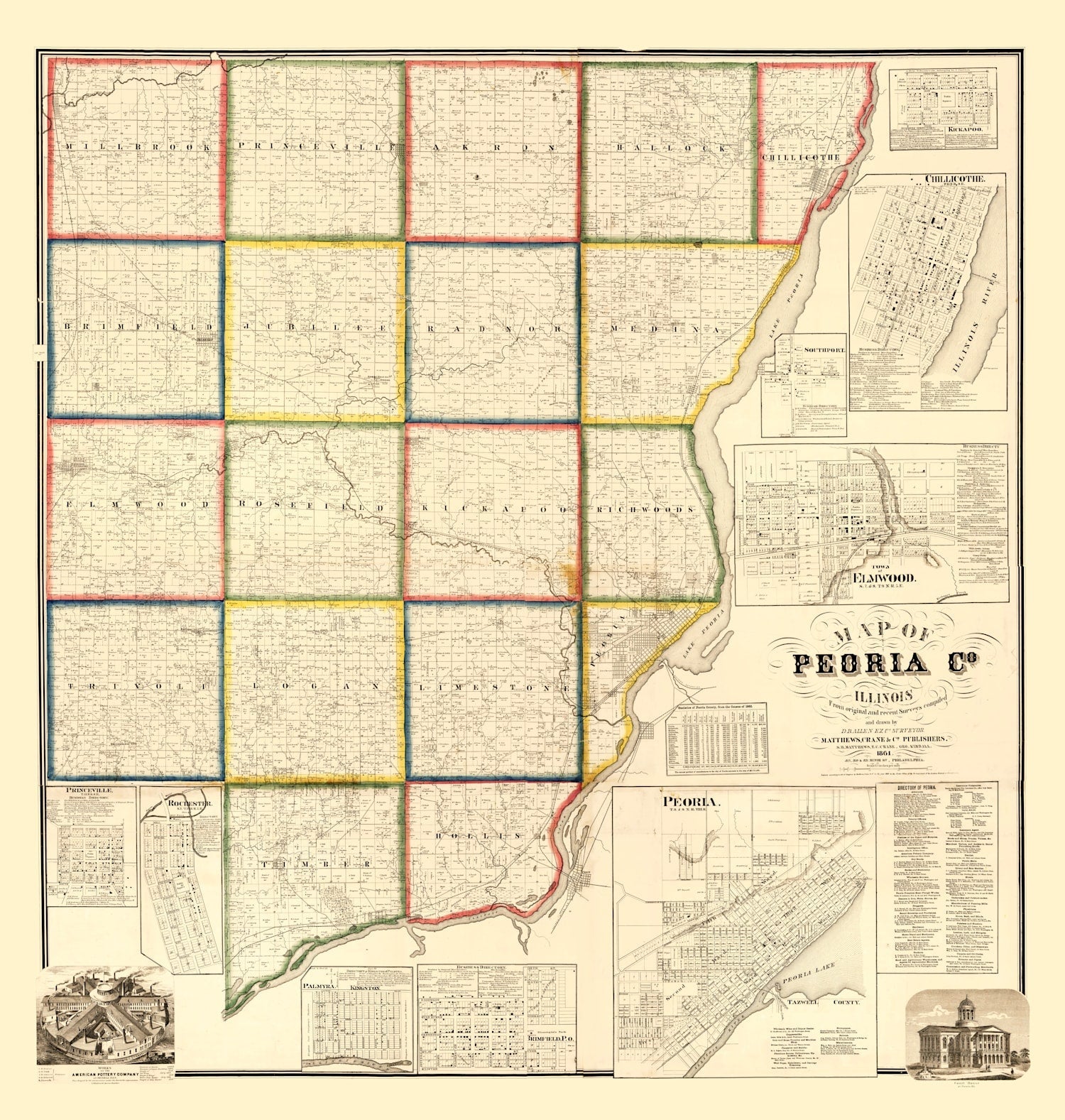 Vintage Map of Peoria County, Illinois 1861