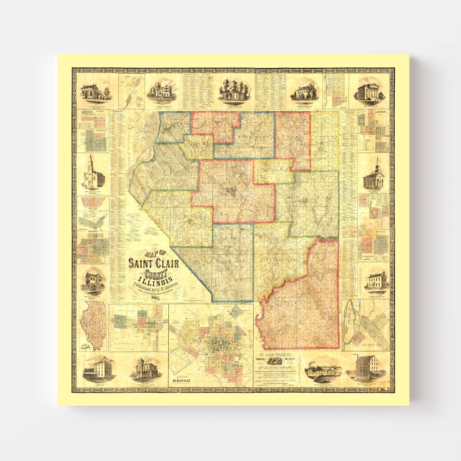 Vintage Map of Saint Clair County, Illinois 1863