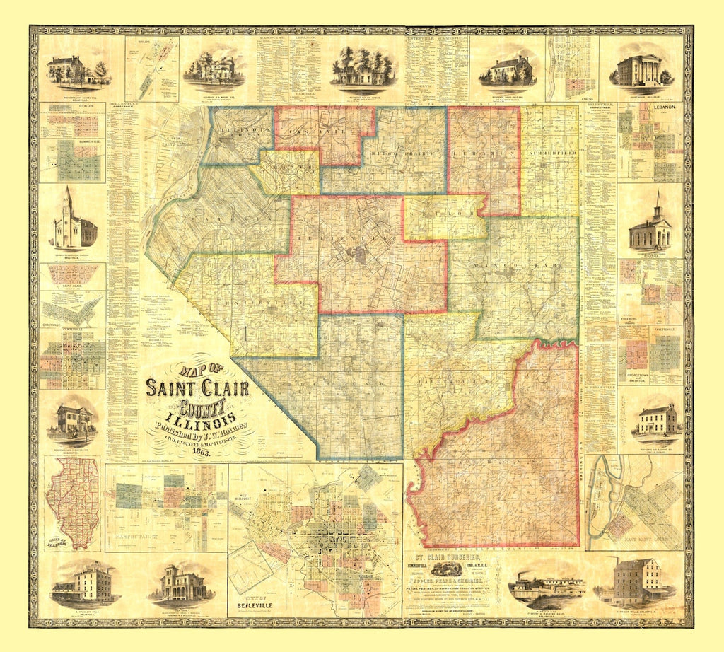 Vintage Map of Saint Clair County, Illinois 1863