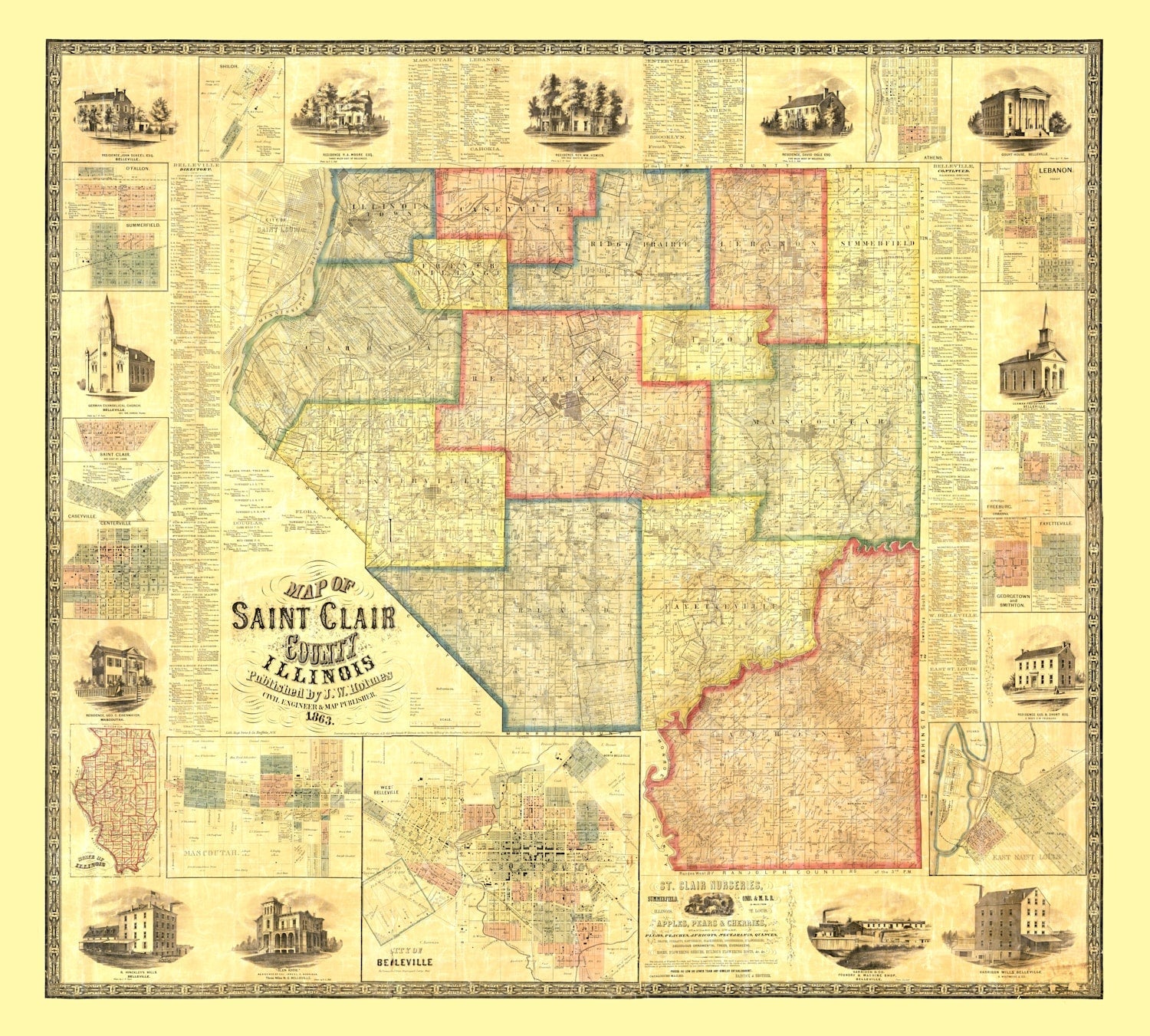 Vintage Map of Saint Clair County, Illinois 1863
