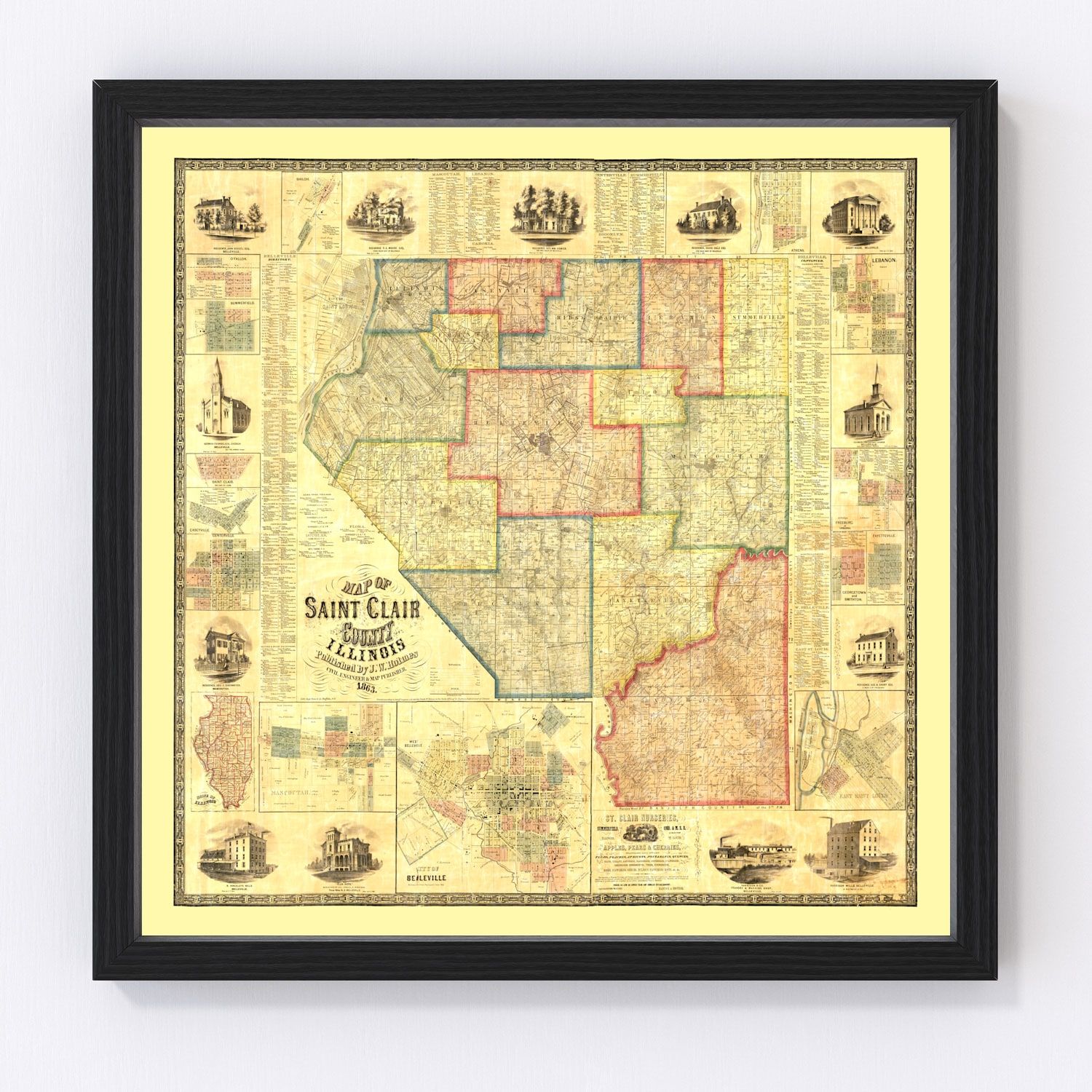 Vintage Map of Saint Clair County, Illinois 1863