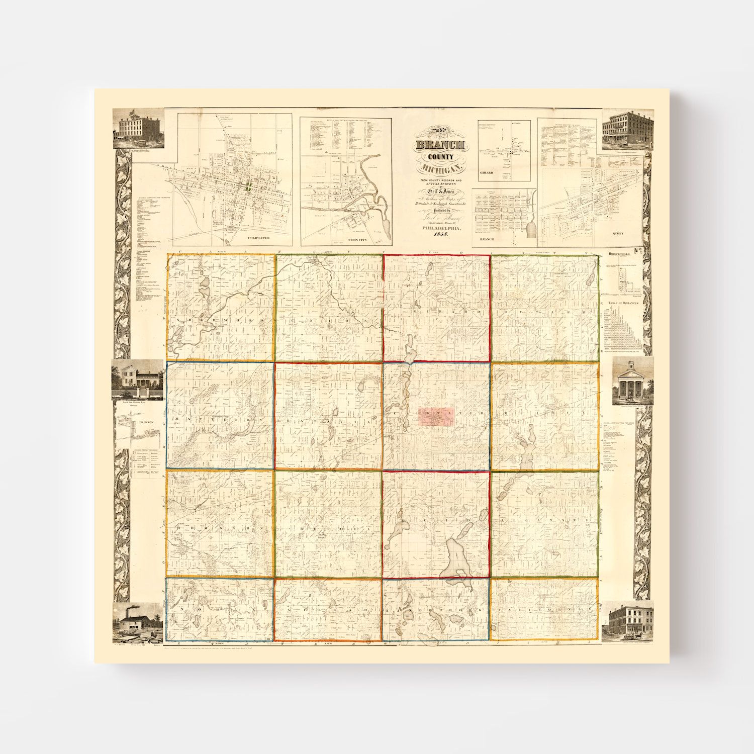 Vintage Map of Branch County, Michigan 1858