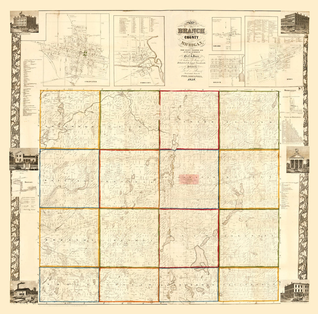 Vintage Map of Branch County, Michigan 1858